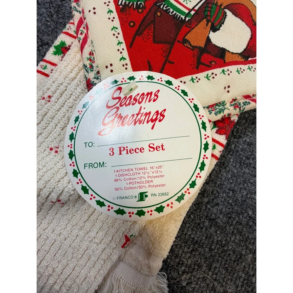 Vintage Franco Christmas Santa 3 Piece Kitchen Towel Dishcloth Potholder Set